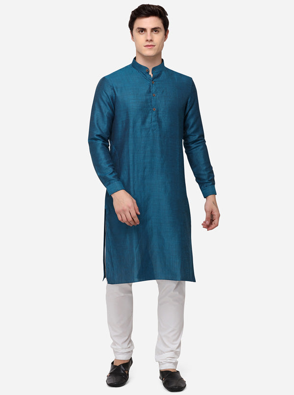 Blue Self Textured Regular Fit Modi Kurta | JadeBlue