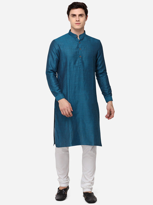 Blue Self Textured Regular Fit Modi Kurta | JadeBlue