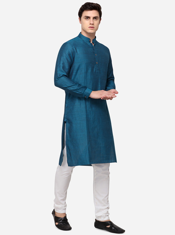 Blue Self Textured Regular Fit Modi Kurta | JadeBlue