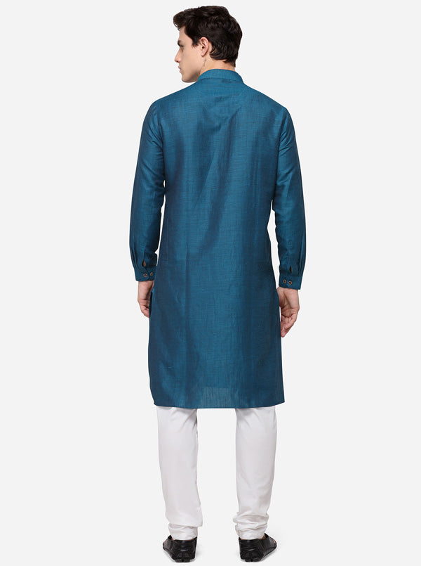 Blue Self Textured Regular Fit Modi Kurta | JadeBlue