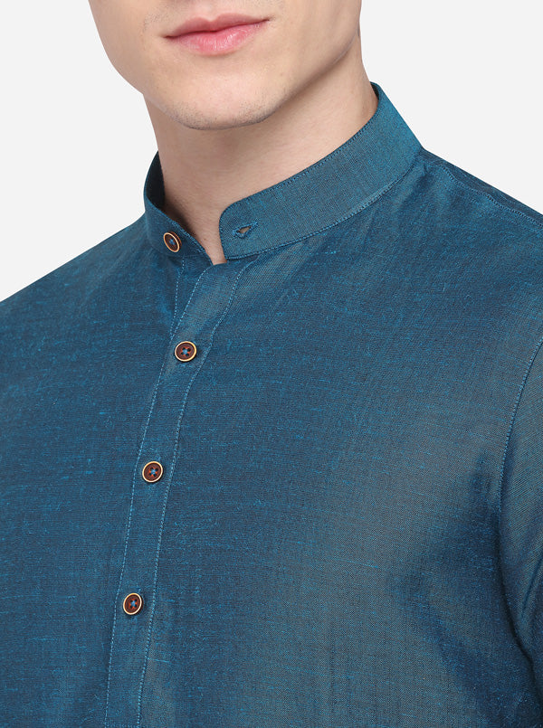 Blue Self Textured Regular Fit Modi Kurta | JadeBlue