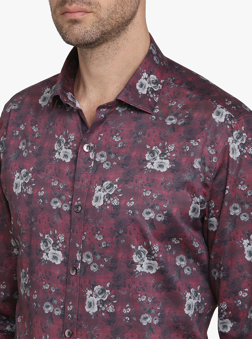 Crush Red Printed Slim Fit Party Wear Shirt  | Wyre