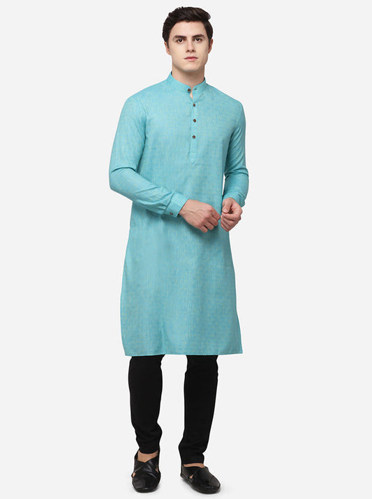 Turquoise Blue Self Textured Regular Fit Modi Kurta | JadeBlue