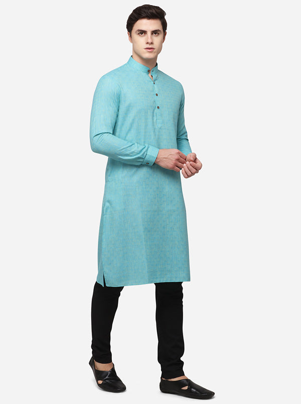 Turquoise Blue Self Textured Regular Fit Modi Kurta | JadeBlue