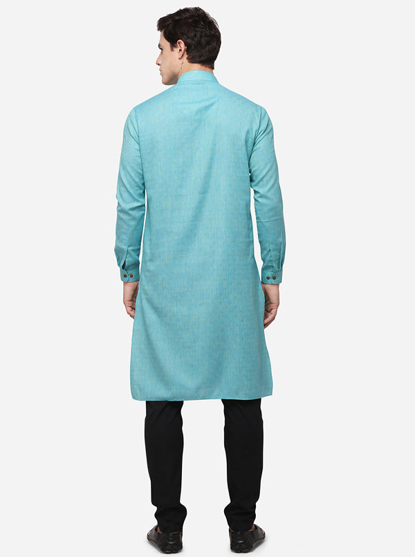 Turquoise Blue Self Textured Regular Fit Modi Kurta | JadeBlue