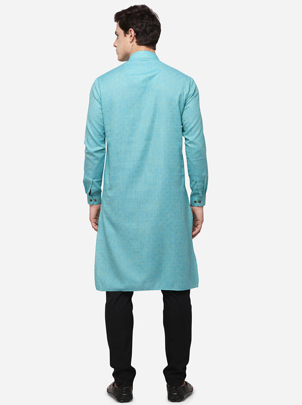 Turquoise Blue Self Textured Regular Fit Modi Kurta | JadeBlue