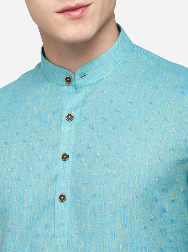 Turquoise Blue Self Textured Regular Fit Modi Kurta | JadeBlue