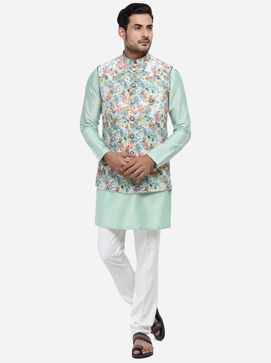 Pastel Green Kurta Set with Multicolour Bandhgala Jacket  | Azania