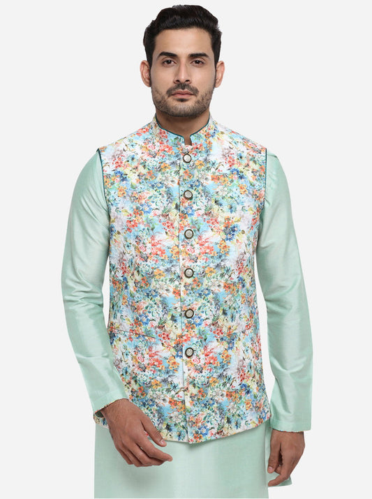 Pastel Green Kurta Set with Multicolour Bandhgala Jacket  | Azania