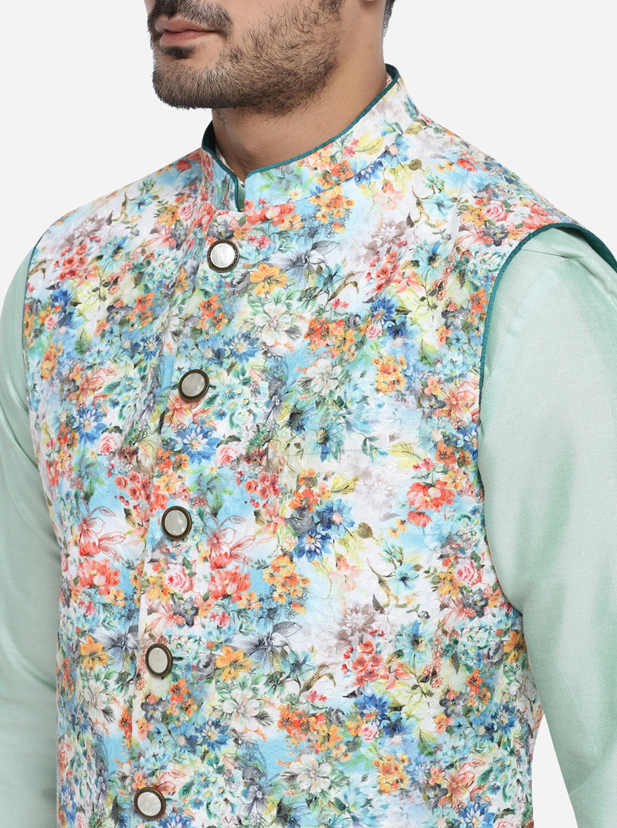 Pastel Green Kurta Set with Multicolour Bandhgala Jacket  | Azania