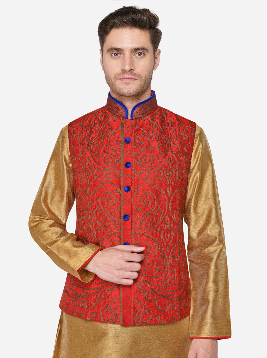 Red Kurta With Bandhgala Jacket | Azania