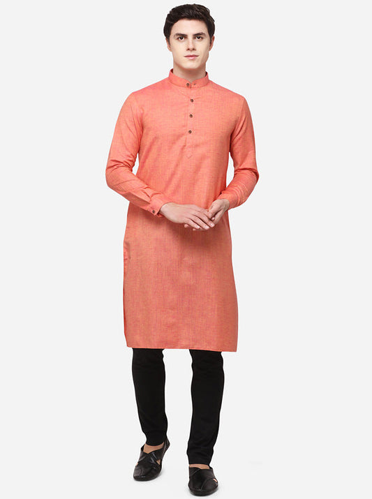 Peach & Orange Self Textured Regular Fit Modi Kurta | JadeBlue