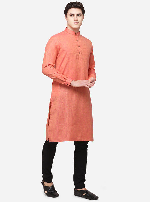 Peach & Orange Self Textured Regular Fit Modi Kurta | JadeBlue