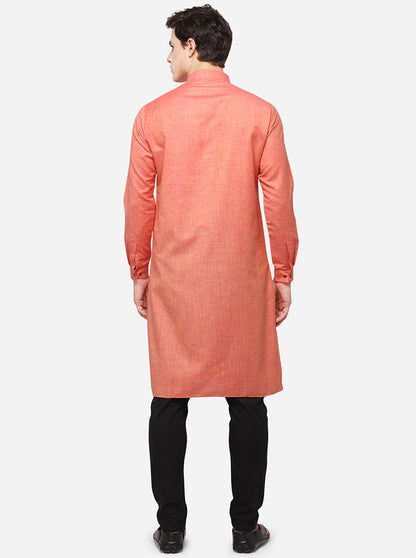 Peach & Orange Self Textured Regular Fit Modi Kurta | JadeBlue