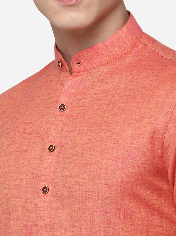 Peach & Orange Self Textured Regular Fit Modi Kurta | JadeBlue