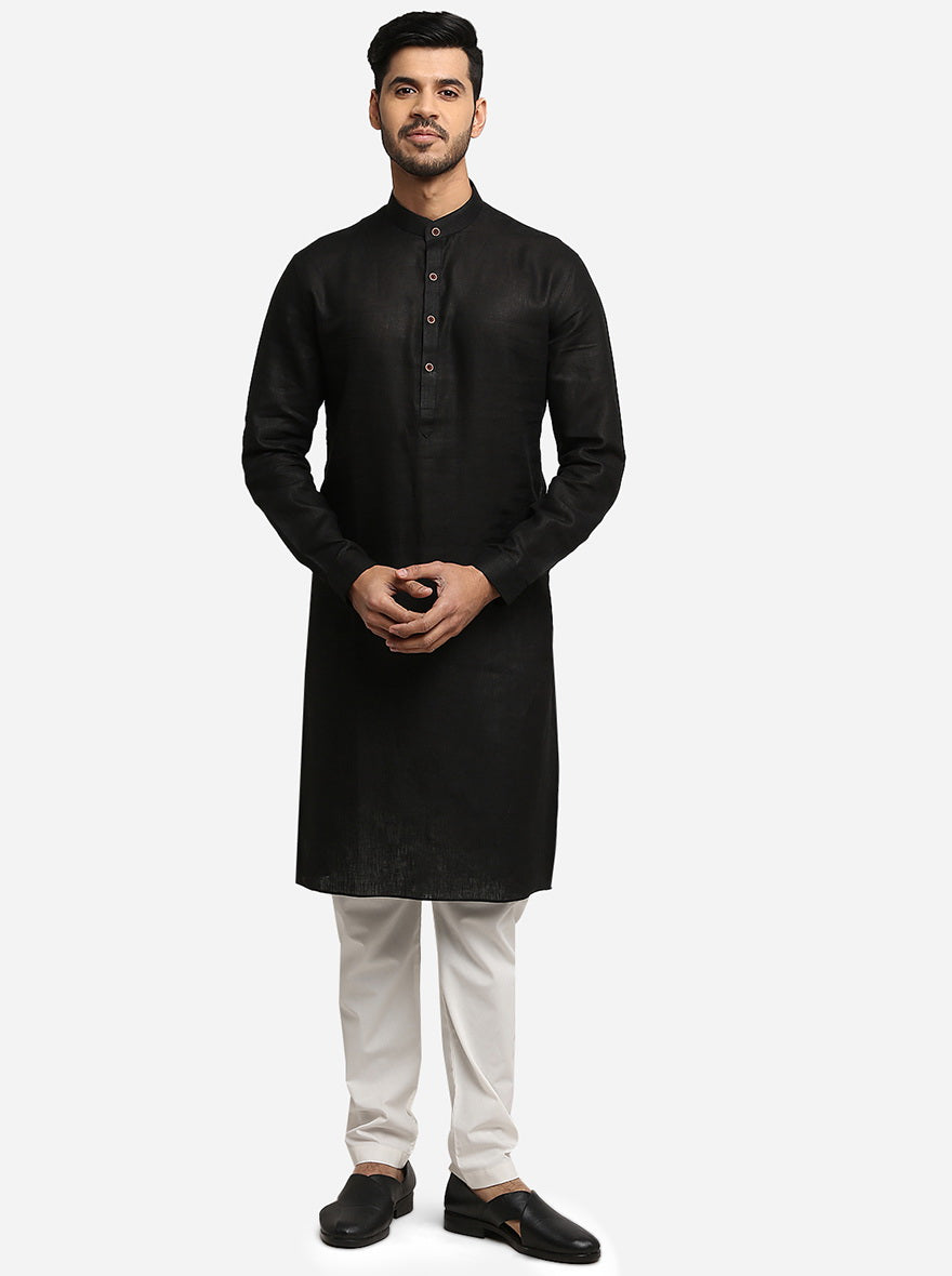 Black Self Design Regular Fit Modi Kurta | JadeBlue