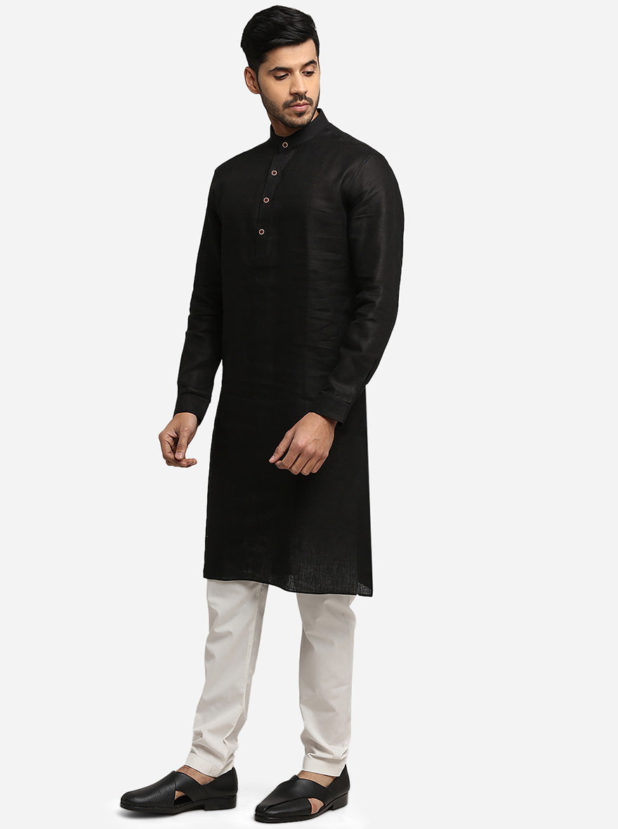 Black Self Design Regular Fit Modi Kurta | JadeBlue