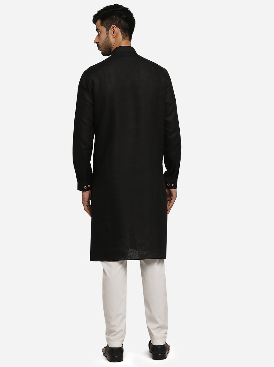 Black Self Design Regular Fit Modi Kurta | JadeBlue