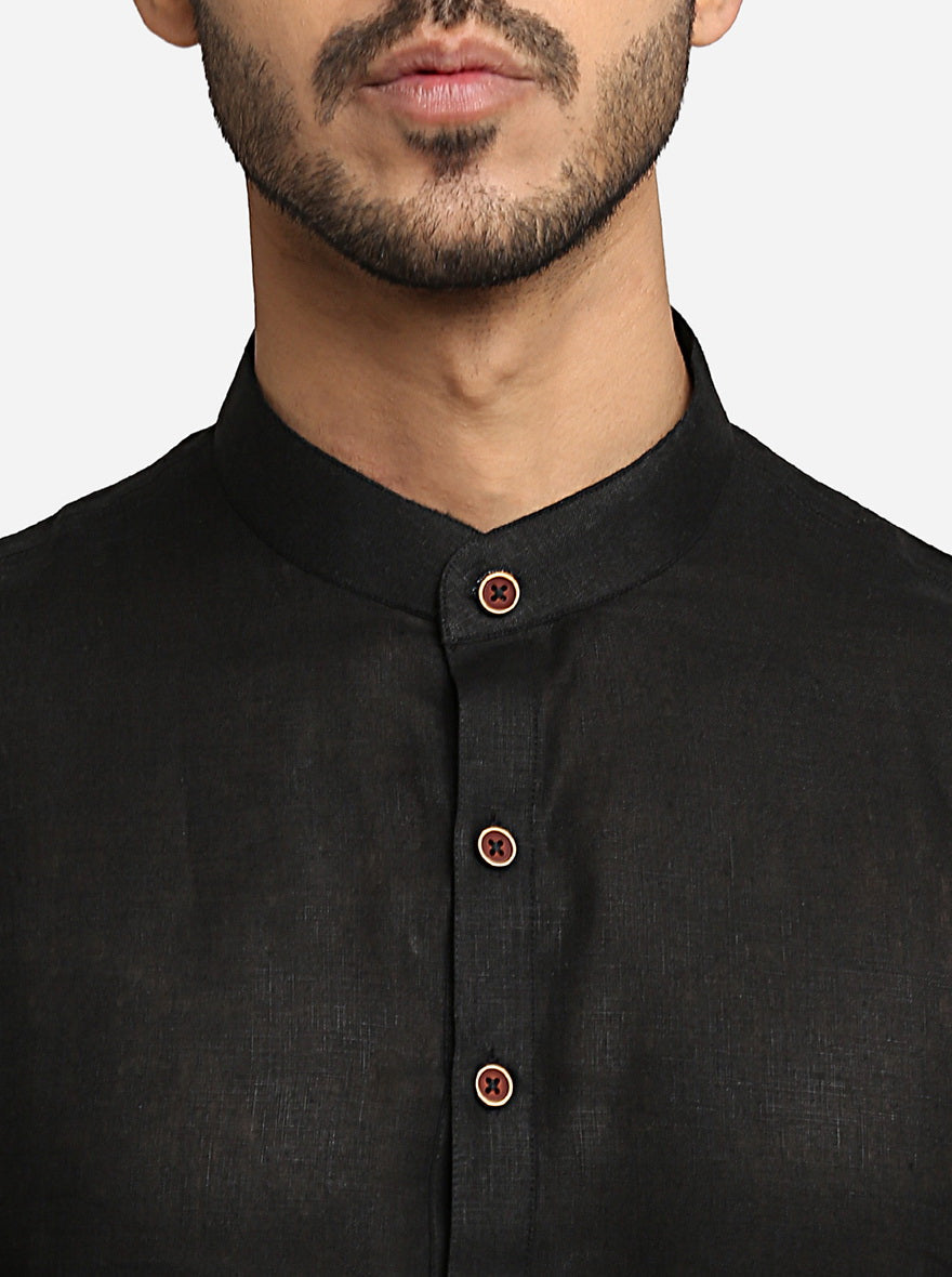 Black Self Design Regular Fit Modi Kurta | JadeBlue