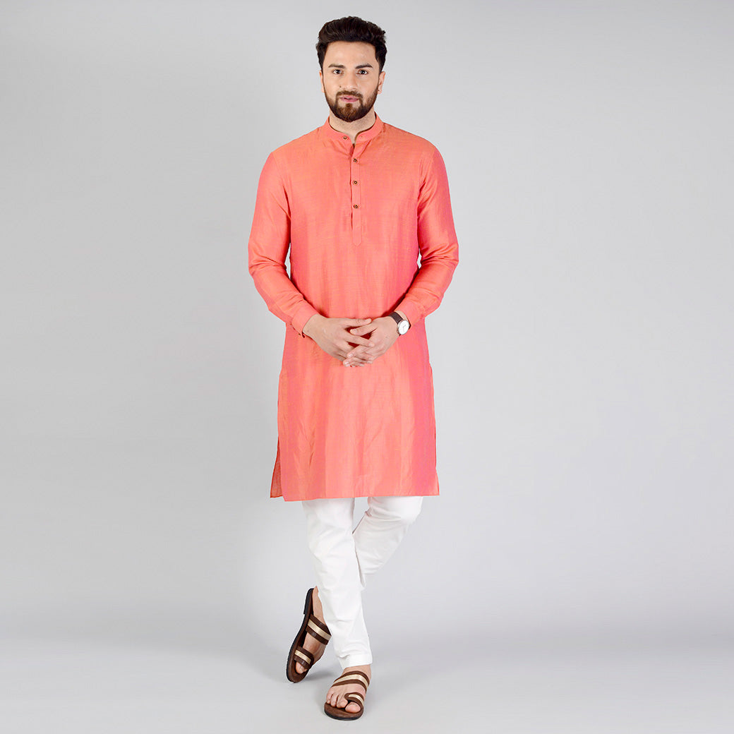 Coral Orange Self Textured Regular fit Modi Kurta | Jadeblue