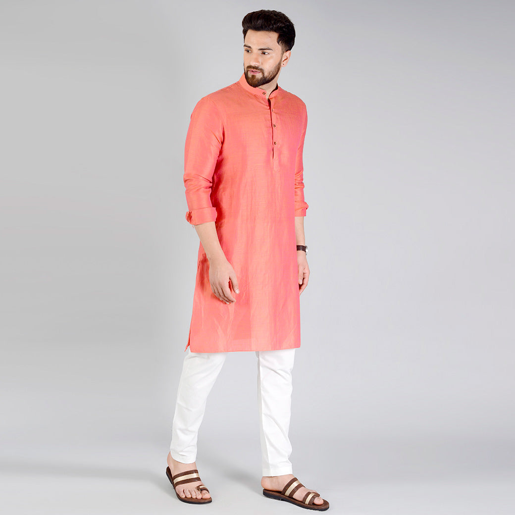 Coral Orange Self Textured Regular fit Modi Kurta | Jadeblue