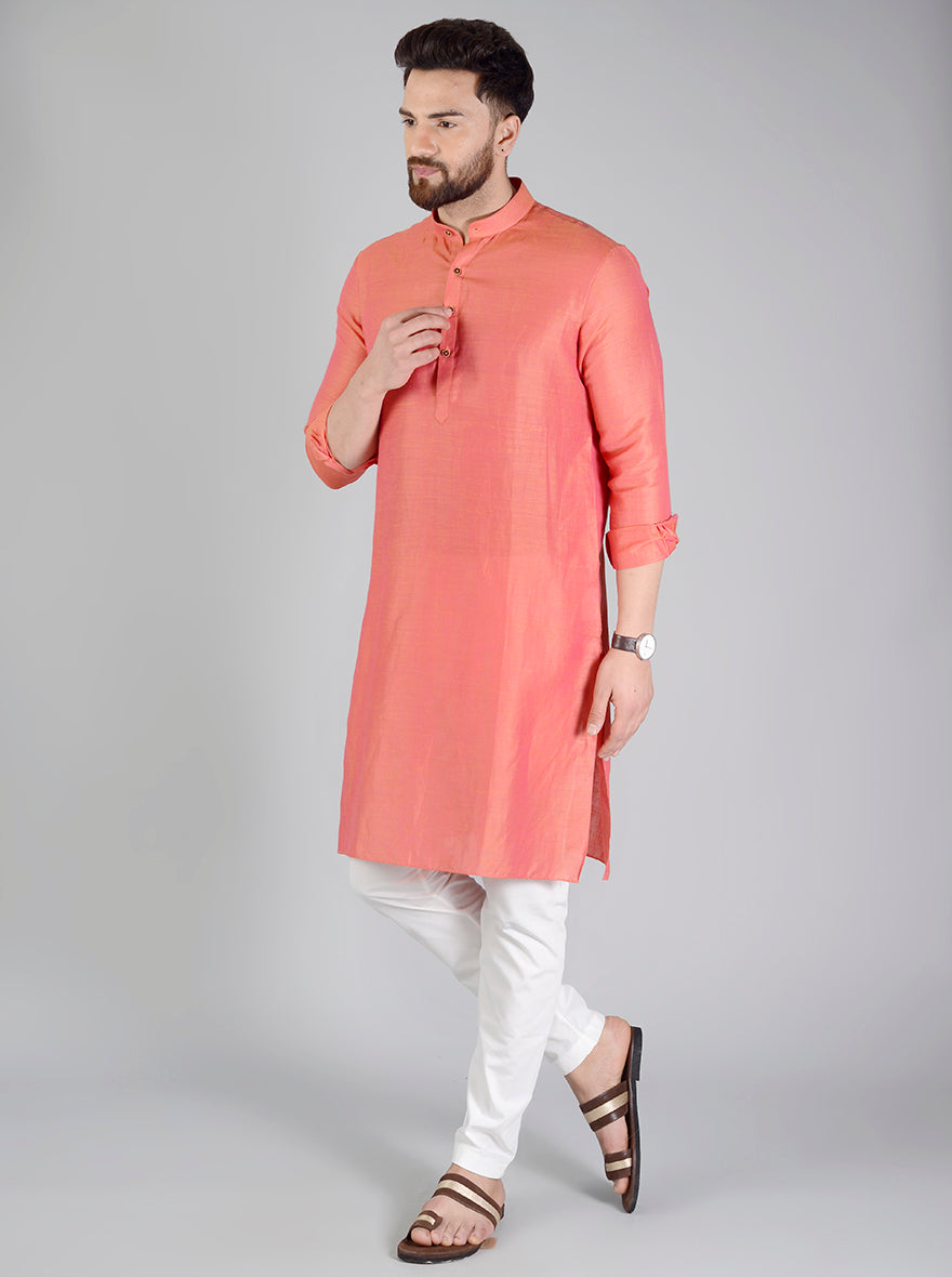 Coral Orange Self Textured Regular fit Modi Kurta | Jadeblue