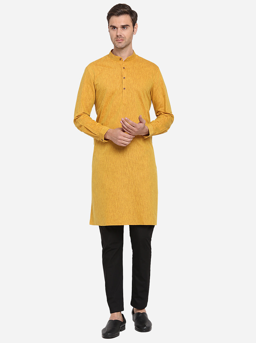 Light Yellow Self Design Regular Fit Modi Kurta | JadeBlue