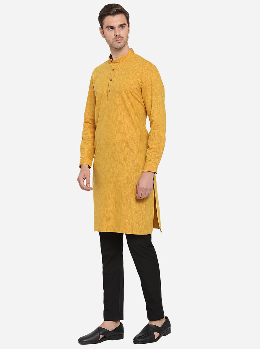 Light Yellow Self Design Regular Fit Modi Kurta | JadeBlue