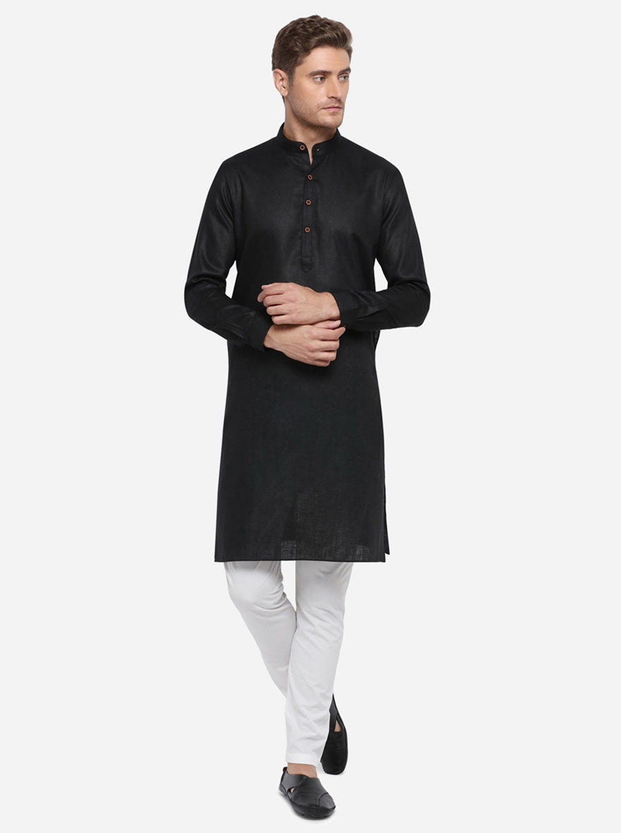 Black Self Design Regular Fit Modi Kurta | JadeBlue