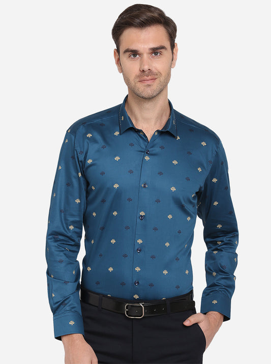 Dark Blue Printed Slim Fit Party Wear Shirt | JB Studio