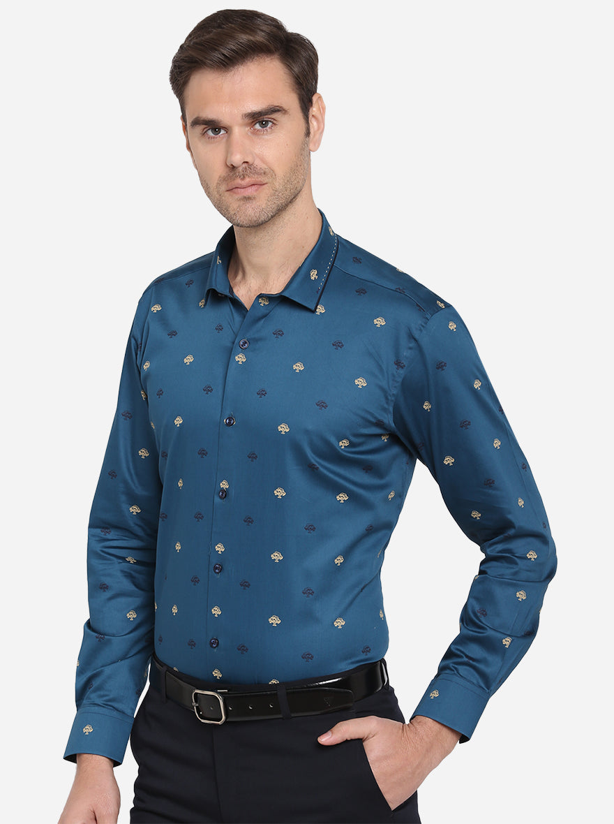 Dark Blue Printed Slim Fit Party Wear Shirt | JB Studio