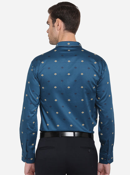 Dark Blue Printed Slim Fit Party Wear Shirt | JB Studio