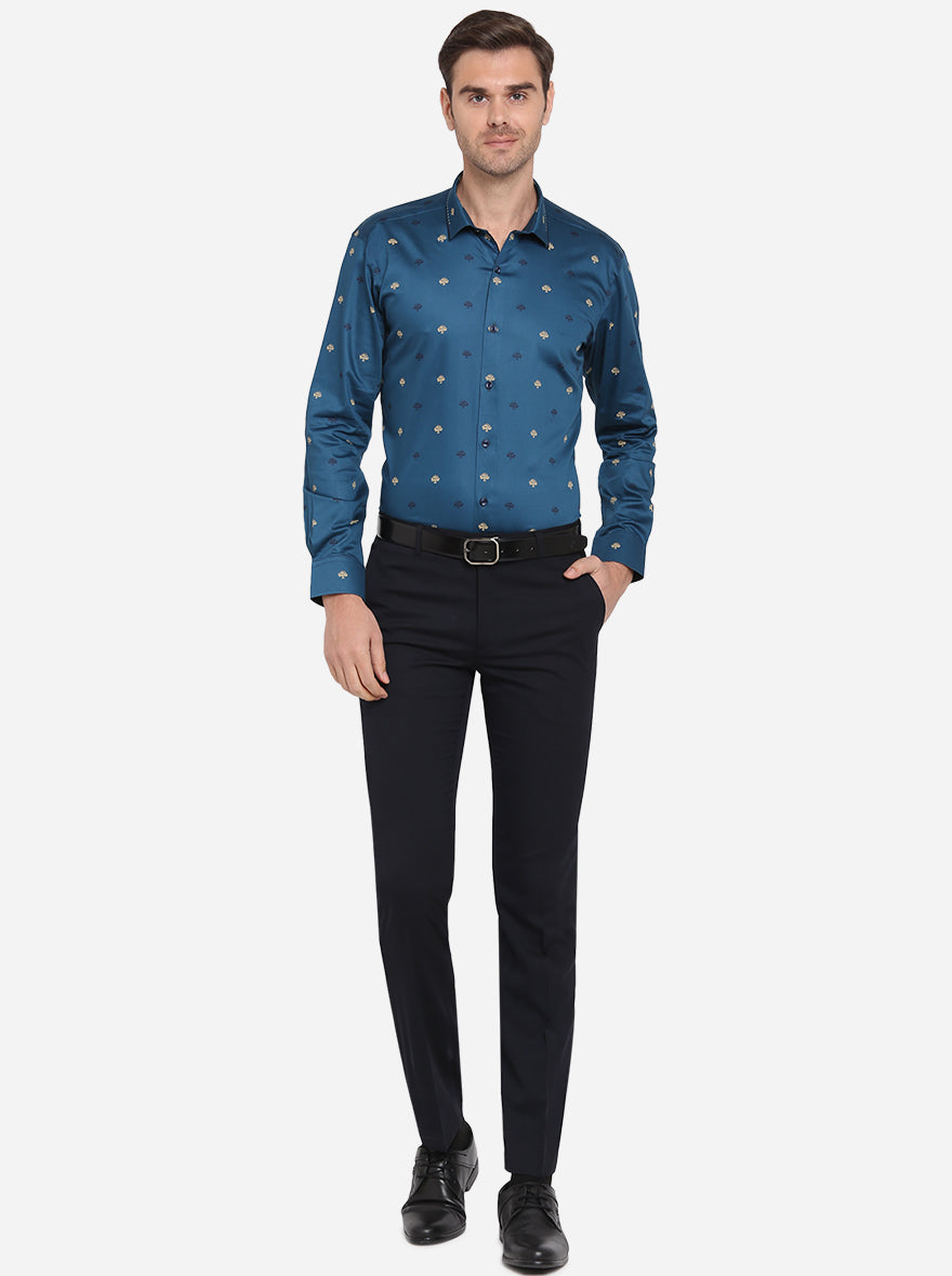 Dark Blue Printed Slim Fit Party Wear Shirt | JB Studio