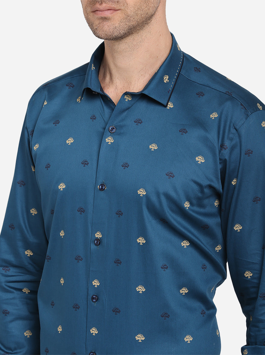 Dark Blue Printed Slim Fit Party Wear Shirt | JB Studio