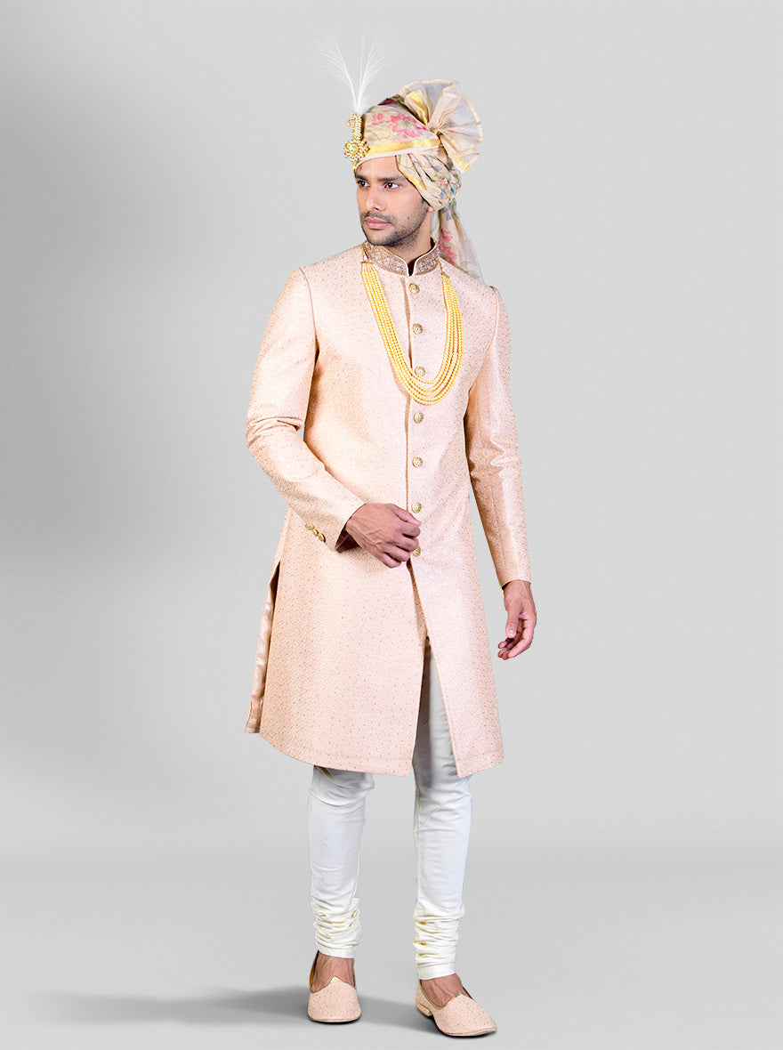 Light Peach & Golden Sherwani | Azania