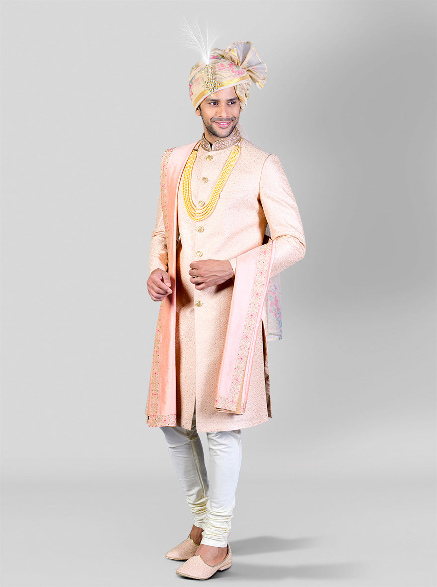 Light Peach & Golden Sherwani | Azania