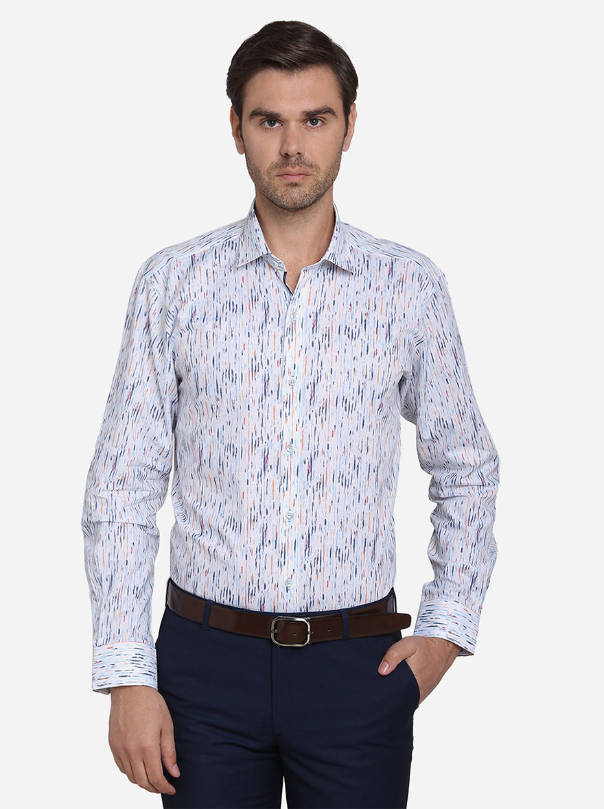 White & Blue Printed Slim Fit Party Wear Shirt | JB Studio