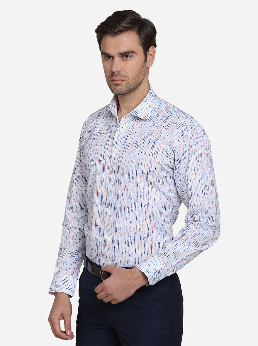 White & Blue Printed Slim Fit Party Wear Shirt | JB Studio