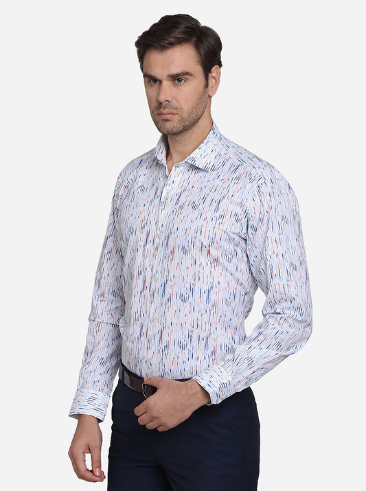 White & Blue Printed Slim Fit Party Wear Shirt | JB Studio