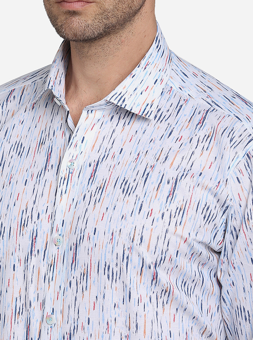 White & Blue Printed Slim Fit Party Wear Shirt | JB Studio