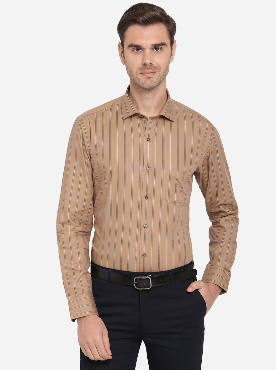 Khaki & Navy Blue Striped Slim Fit Formal Shirt | JadeBlue