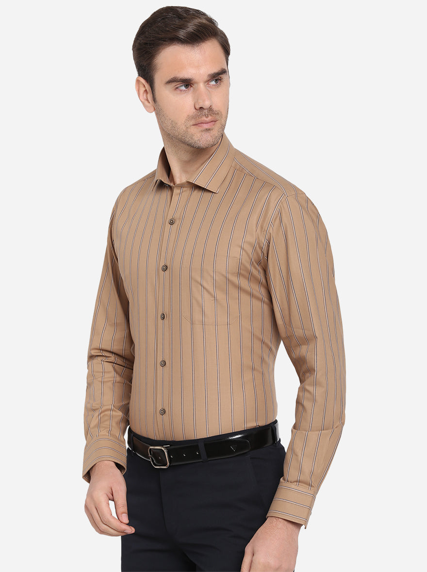 Khaki & Navy Blue Striped Slim Fit Formal Shirt | JadeBlue