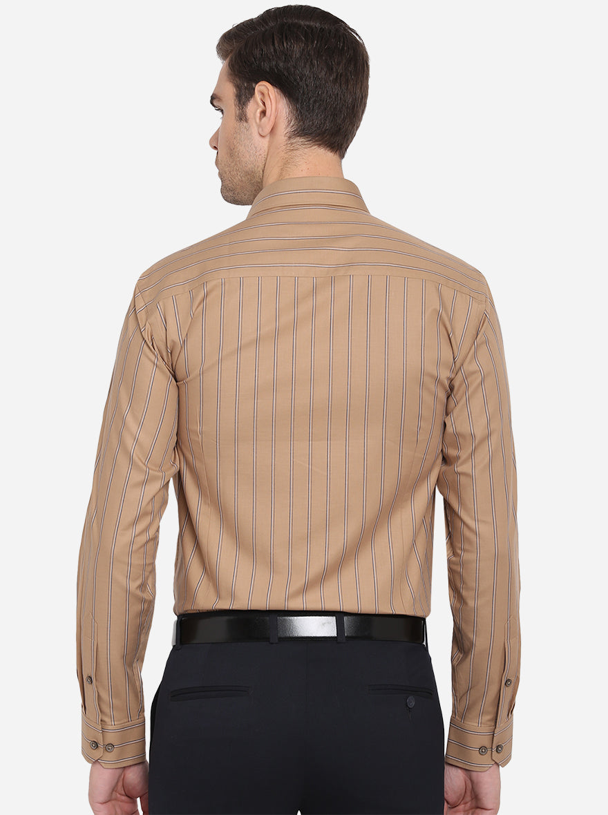 Khaki & Navy Blue Striped Slim Fit Formal Shirt | JadeBlue