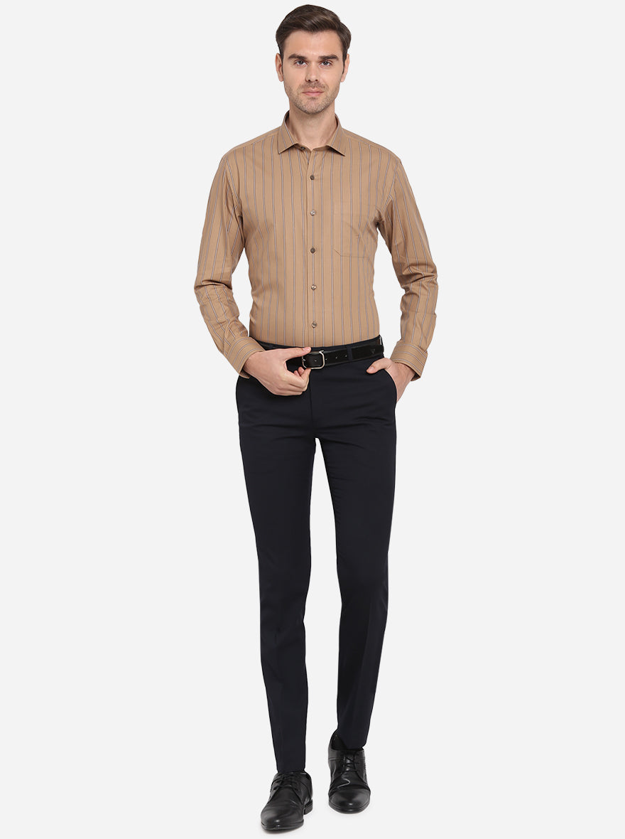 Khaki & Navy Blue Striped Slim Fit Formal Shirt | JadeBlue