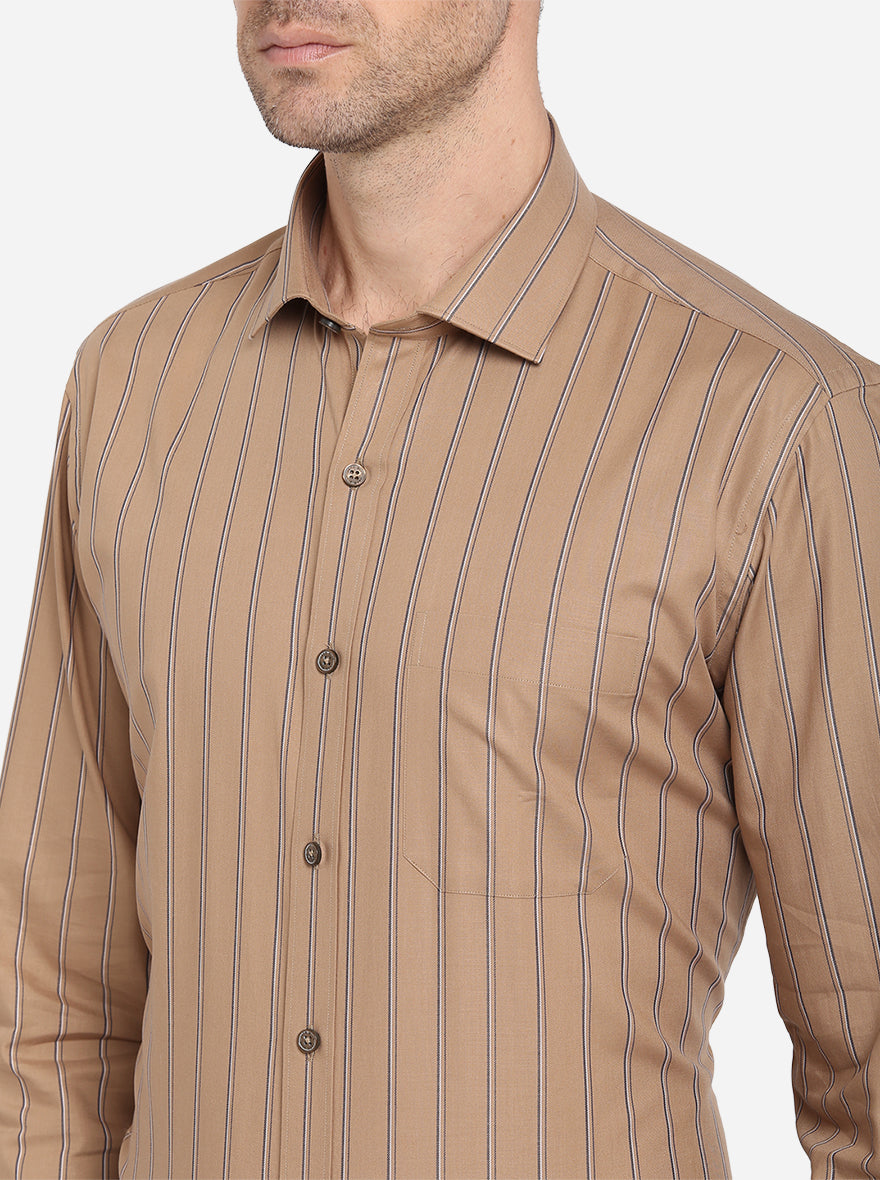 Khaki & Navy Blue Striped Slim Fit Formal Shirt | JadeBlue