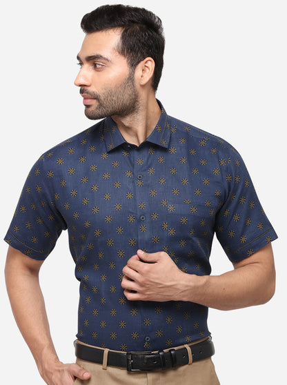 Navy Blue Printed Slim Fit Party Wear Shirt | JB Studio