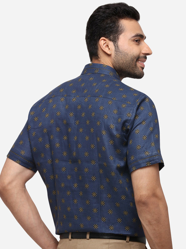 Navy Blue Printed Slim Fit Party Wear Shirt | JB Studio