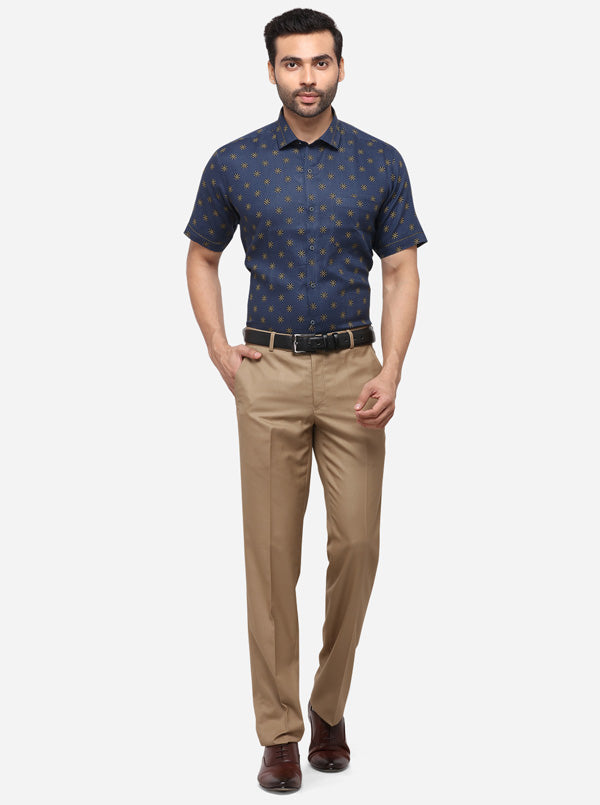 Navy Blue Printed Slim Fit Party Wear Shirt | JB Studio