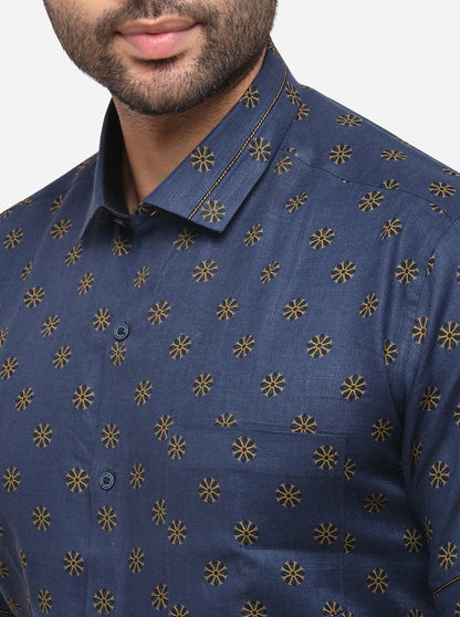 Navy Blue Printed Slim Fit Party Wear Shirt | JB Studio