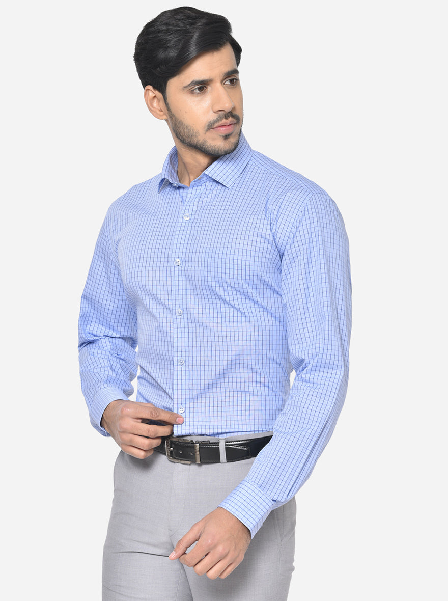 Pearl Blue Checked Regular Fit Formal Shirt | JadeBlue